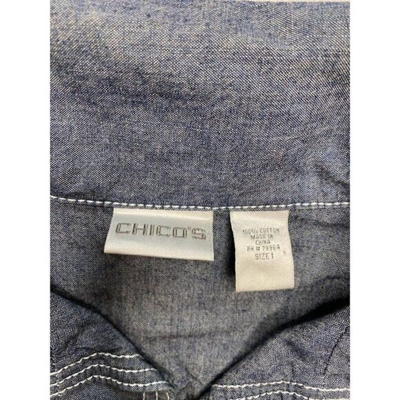 CHICOS Dark Wash Denim‎ Chambray Button Down Belted Cotton Jacket sz 1 Medium 8 - Picture 4 of 7